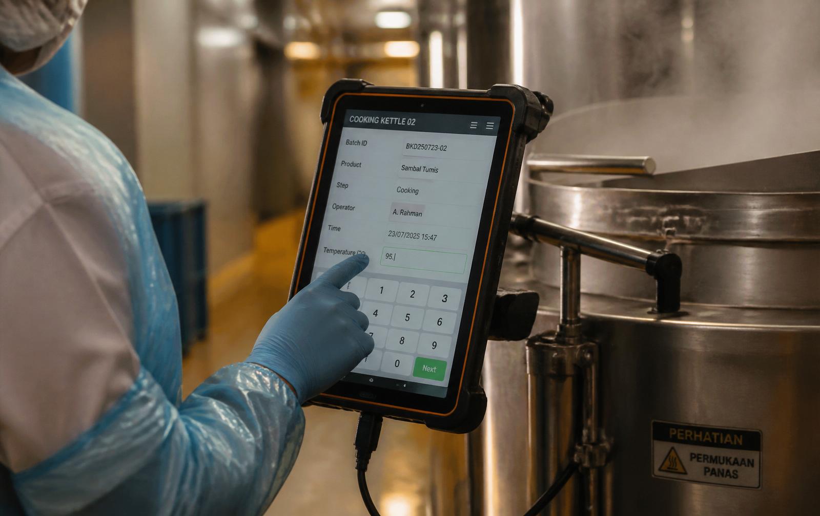 Factory operator entering a CCP temperature reading into a ruggedized tablet beside a stainless steel cooking kettle.