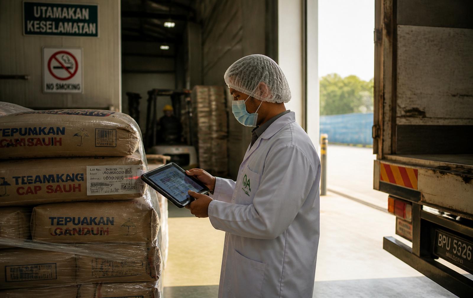 QA inspector in hairnet and lab coat scanning a barcode on a pallet of raw material sacks at a factory loading dock.