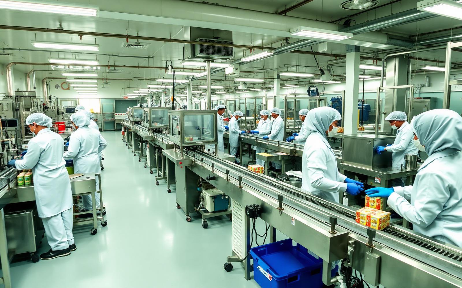 Wide shot of multiple parallel stainless steel production lines running simultaneously with operators in hairnets and gloves at each work station.