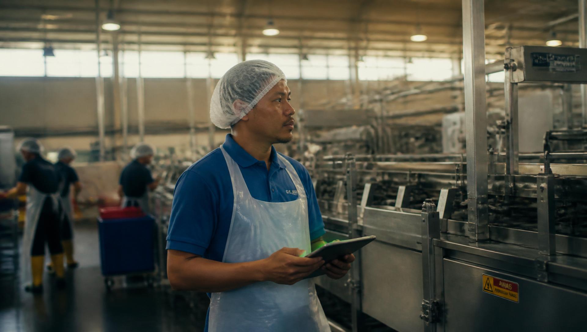 Supervisor in hairnet and hygiene apron holding a tablet on the floor of a Malaysian food and beverage production facility.