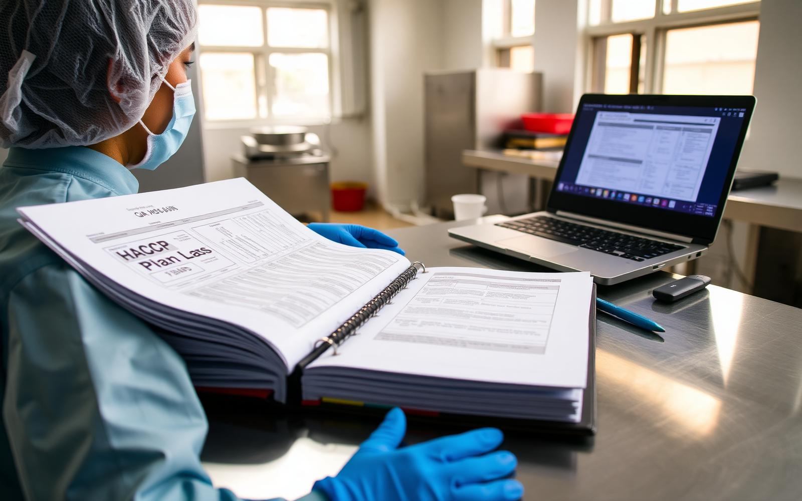 QA officer in hairnet reviewing an open HACCP plan binder beside a laptop showing the same plan.