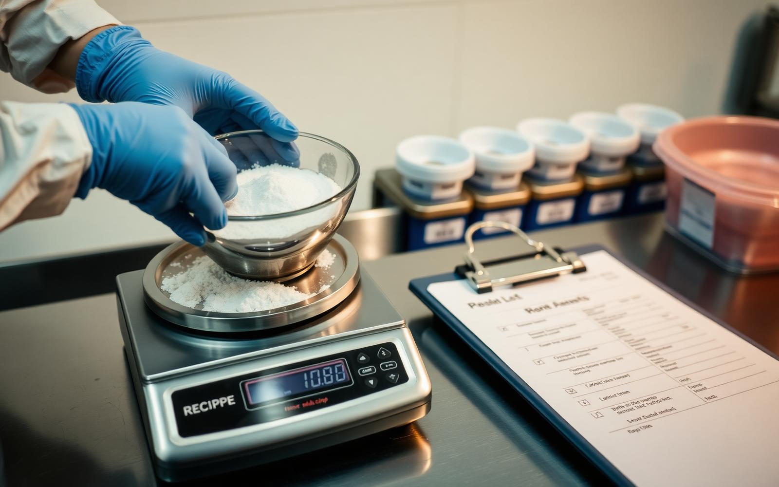 Gloved hands weighing a powdered ingredient on a digital precision scale beside a recipe sheet and labeled ingredient bins.