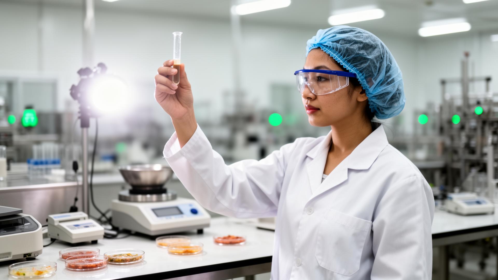 Food safety technician performing laboratory testing in a manufacturing facility