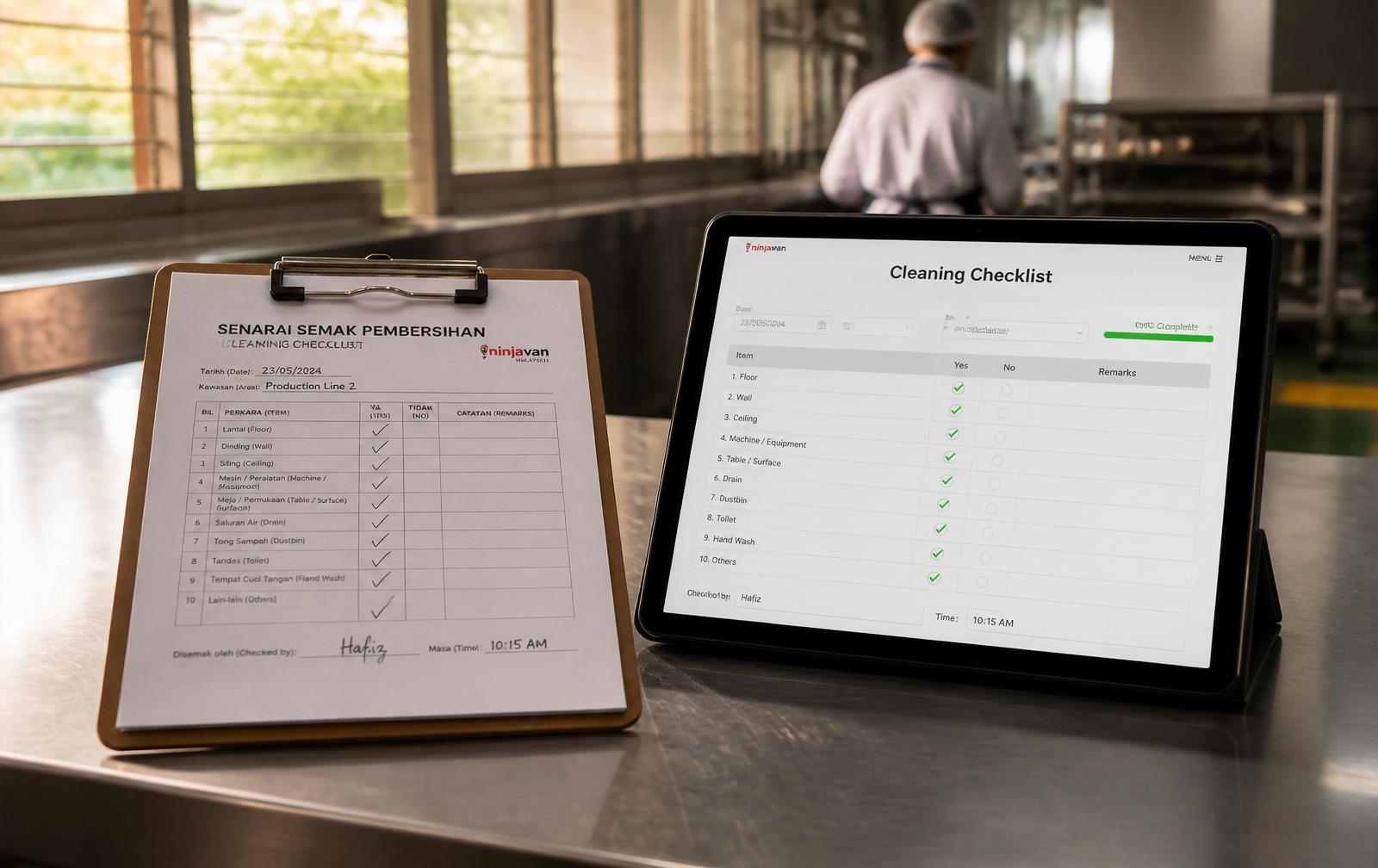 Paper cleaning checklist on a clipboard beside a tablet showing the same checklist digitally on a stainless-steel factory prep bench.