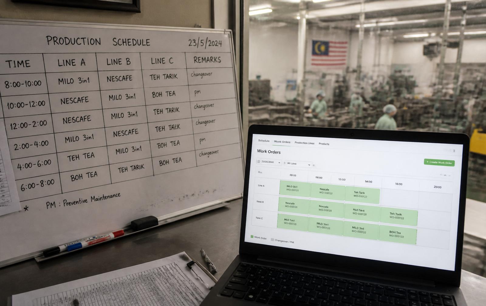 Handwritten production schedule whiteboard next to a laptop showing the same schedule as a digital work order interface.