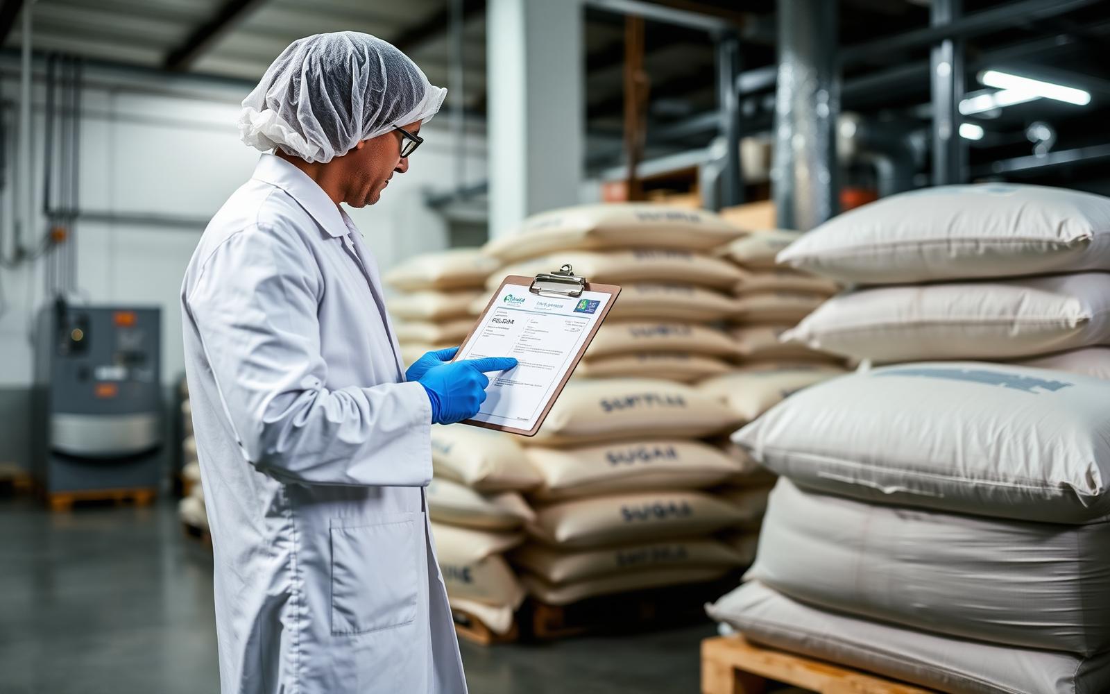 QA inspector in lab coat reviewing a supplier Certificate of Analysis on a clipboard beside stacked sacks of raw ingredients.