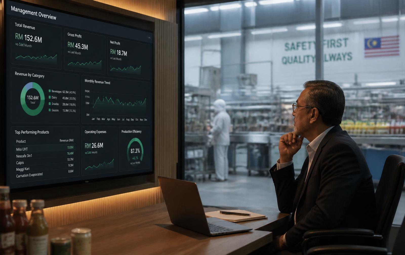 Executive reviewing a management analytics dashboard on a large monitor in a boardroom overlooking a Malaysian food factory floor.
